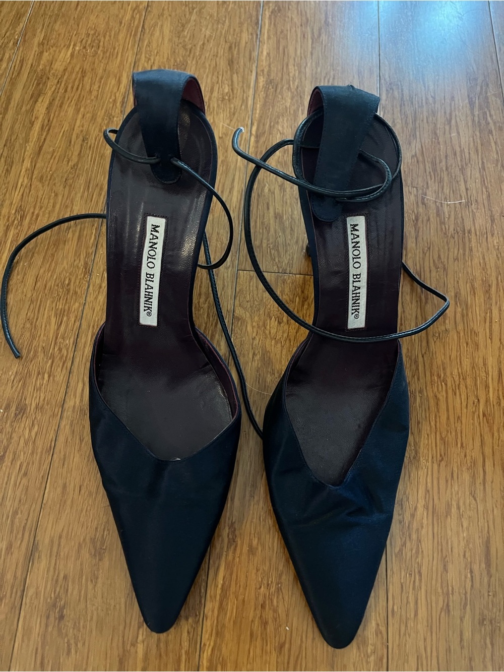 Manolo Blahnik Black Pointed Satin Lace-Up Heels
